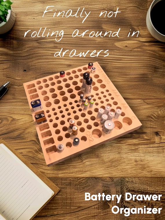 Handcrafted Wooden Battery Organizer Tray — Holds AA, AAA, C, 9V, 18650, CR123, CR2 Cells
