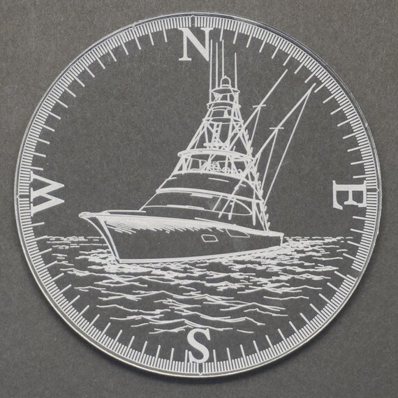 Sportfishing Boat Coaster | Compass Rose Engraved Acrylic | Deep Sea Fishing Gift